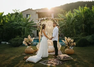 Bride and groom holding hands during a bohemian-style garden wedding at Turunç House in Kayaköy.