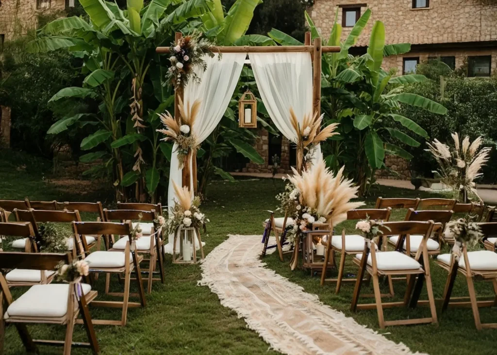 Rustic boho-style wedding altar decorated with pampas grass and white drapes at Turunç House in Kayaköy.