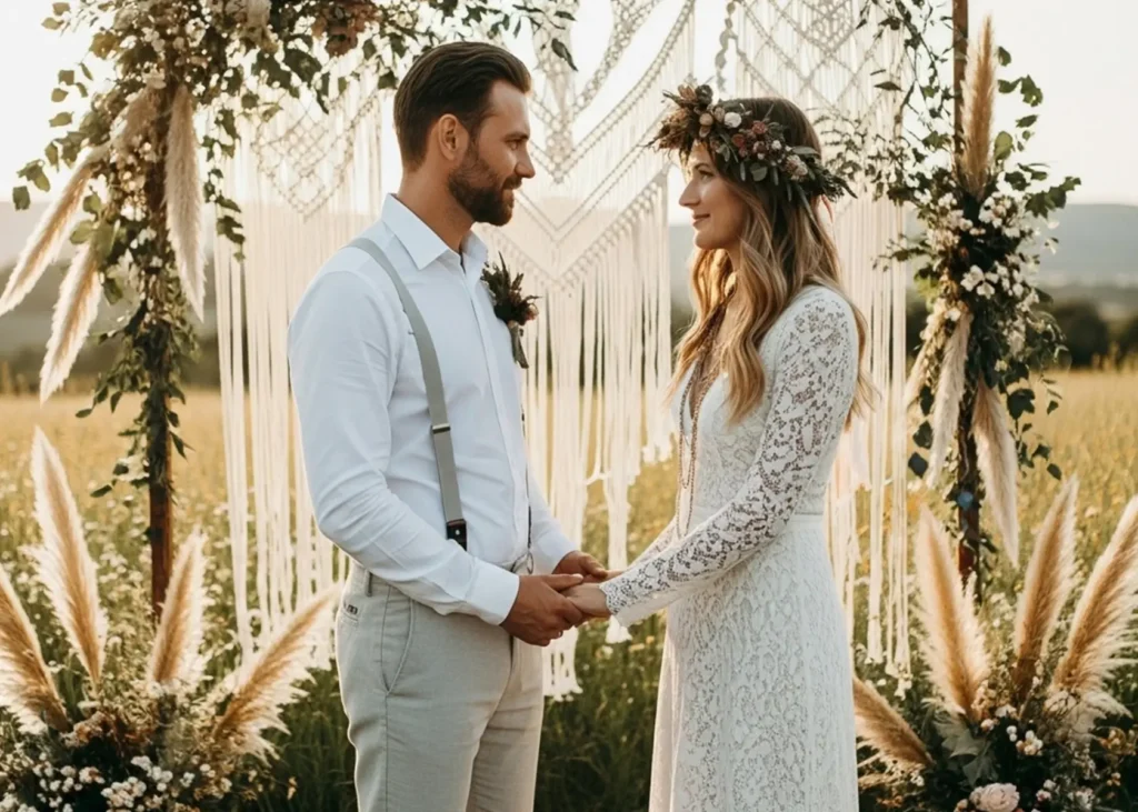 Bride and groom in bohemian wedding attire holding hands under a macrame arch.