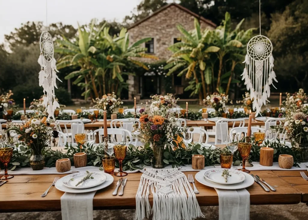 Rustic boho wedding table decorated with flowers, candles, and macramé runners in the garden