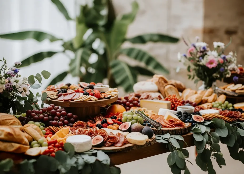 Rustic wedding grazing table with fruits, cheeses, and charcuterie arranged for a boho celebration