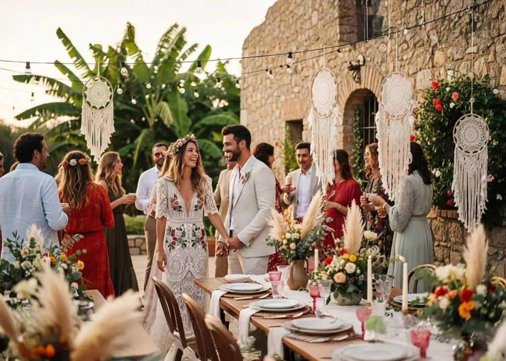 Bride and groom celebrating with guests at a bohemian-style outdoor wedding reception.