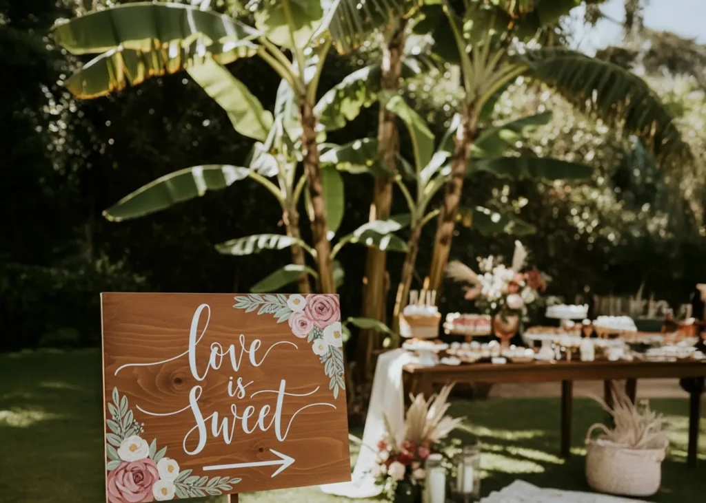 Wooden “Love is Sweet” wedding sign with floral design in a tropical garden