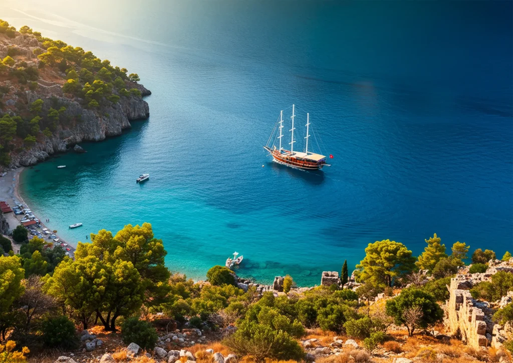 Scenic view of a sailing boat anchored in a turquoise bay surrounded by cliffs and pine trees
