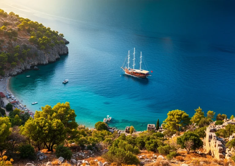 Scenic view of a sailing boat anchored in a turquoise bay surrounded by cliffs and pine trees