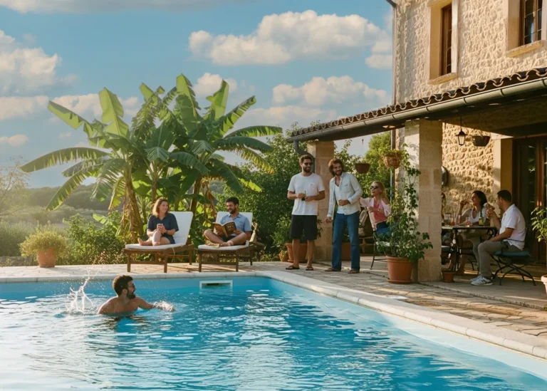 Group of friends relaxing by the pool and enjoying drinks