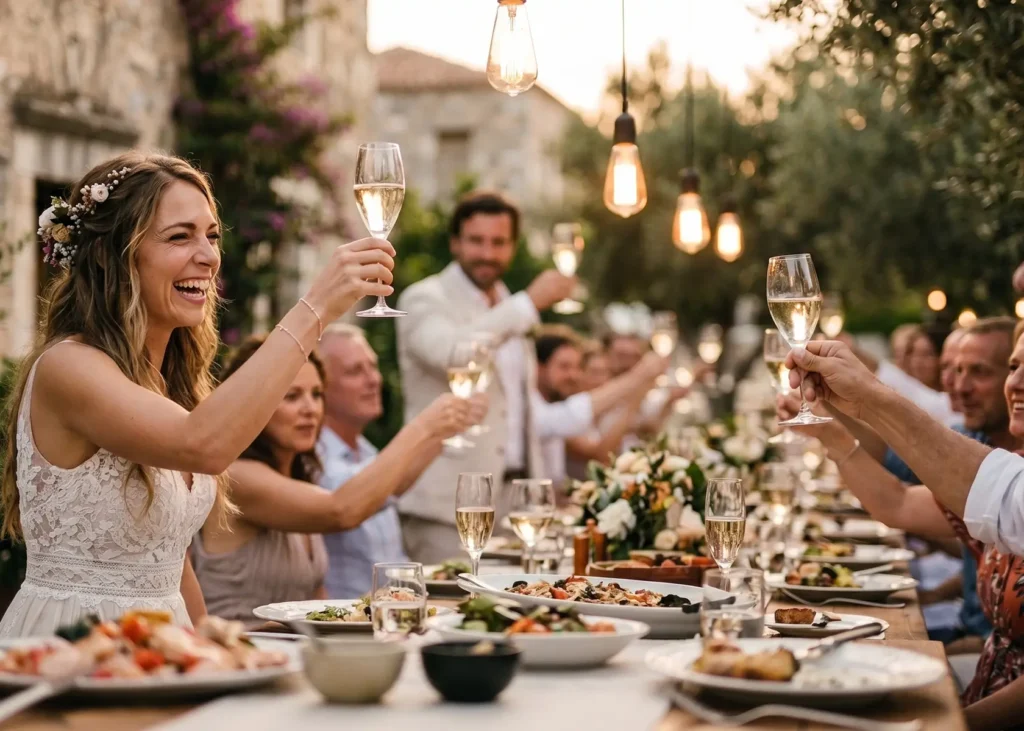 Laughing bride raising a glass of wine for a celebratory toast with guests at an intimate outdoor wedding reception dinner.