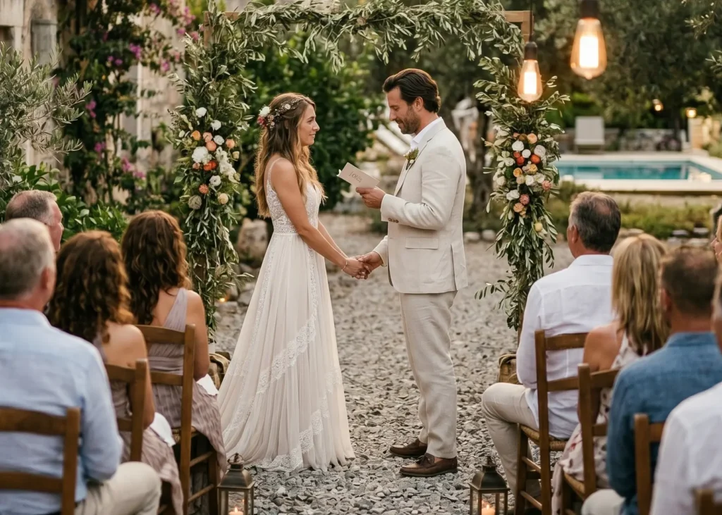 Bride and groom exchanging vows under a beautiful floral arch at an intimate outdoor rustic wedding ceremony.