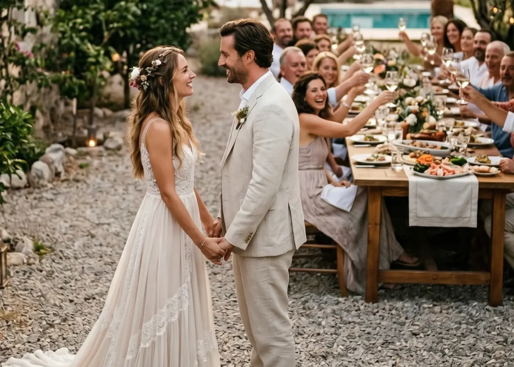Bride and groom holding hands and smiling while guests raise wine glasses for a toast at an outdoor wedding reception.