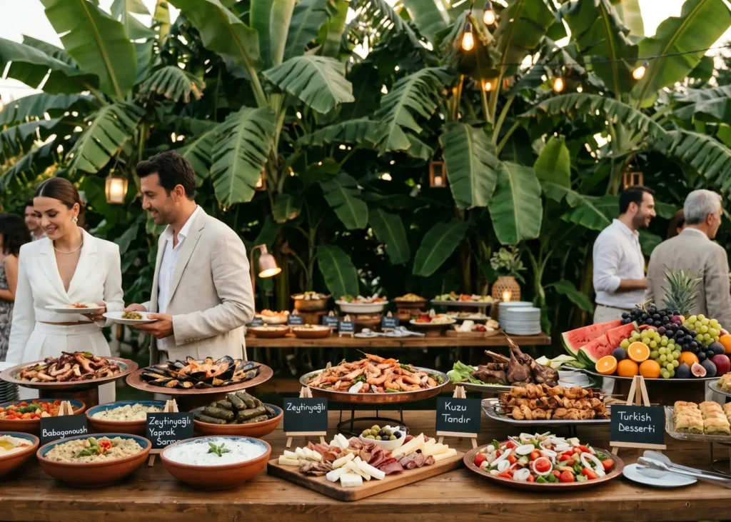 Elegant couple serving themselves from a rich open buffet featuring traditional Turkish cuisine at an outdoor wedding reception in a lush garden.