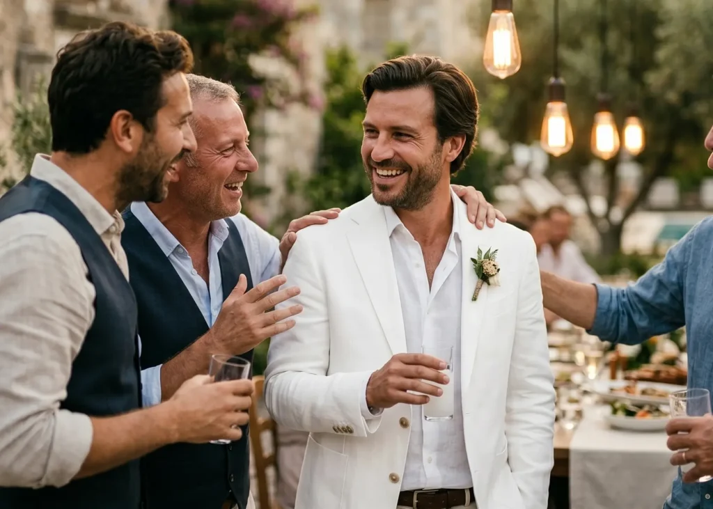 Groom in a white suit laughing with friends while holding a drink at an outdoor wedding reception.