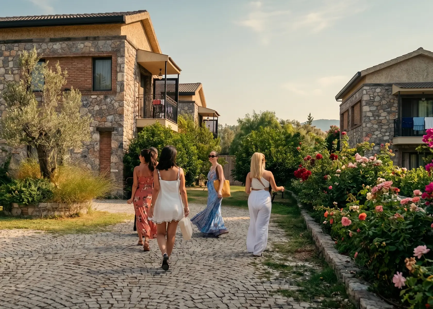 Group of women walking on a cobblestone path between rustic stone villas and blooming rose gardens on a summer vacation.