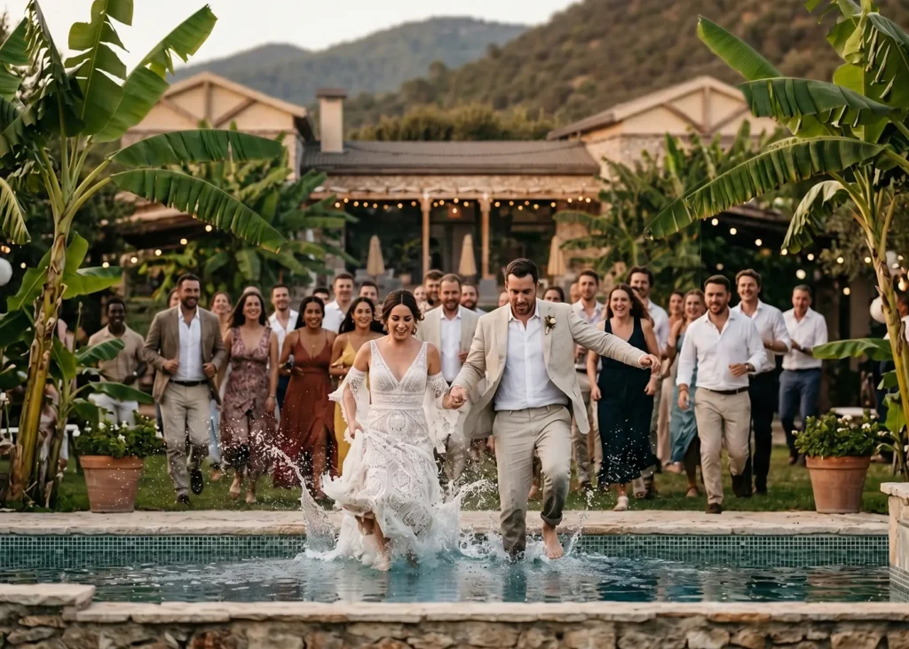 A bride and groom holding hands as they joyfully jump into a swimming pool and splash water, with a large group of cheering wedding guests standing behind them in front of a stone villa.