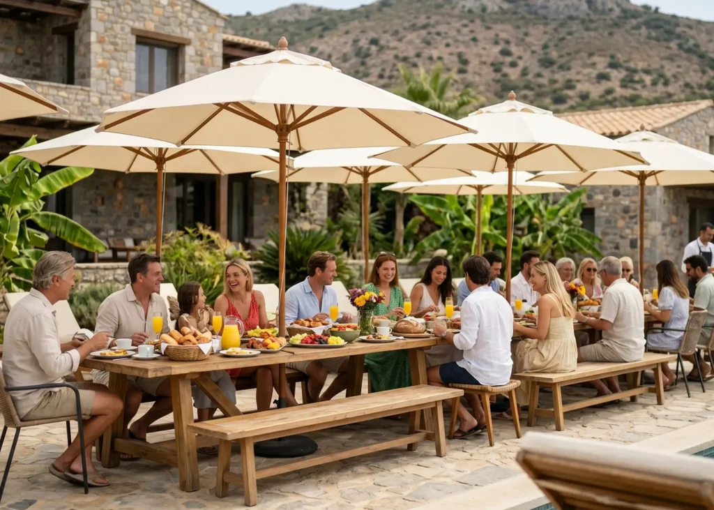 A large group of guests sitting at long wooden tables for an outdoor brunch under cream umbrellas, with a stone villa and green mountains in the background.