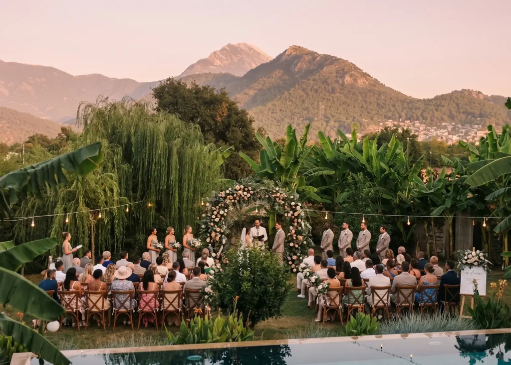 An outdoor wedding ceremony in a lush garden with guests seated in rows, a couple standing under a floral arch, and a stunning mountain backdrop in Kayaköy.