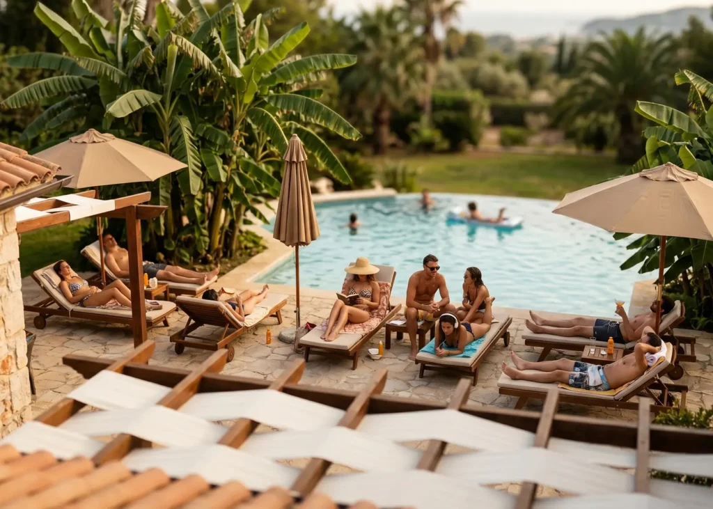 A group of people relaxing by a swimming pool at a luxury villa, with some guests sunbathing on wooden loungers under umbrellas and others swimming, surrounded by lush banana trees in Kayaköy.