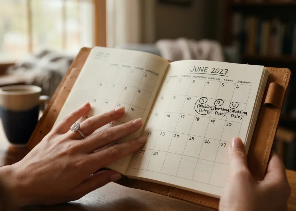 A person wearing a diamond ring holding a leather planner open to June 2027, with the 11th, 12th, and 13th circled as "Wedding Dates."